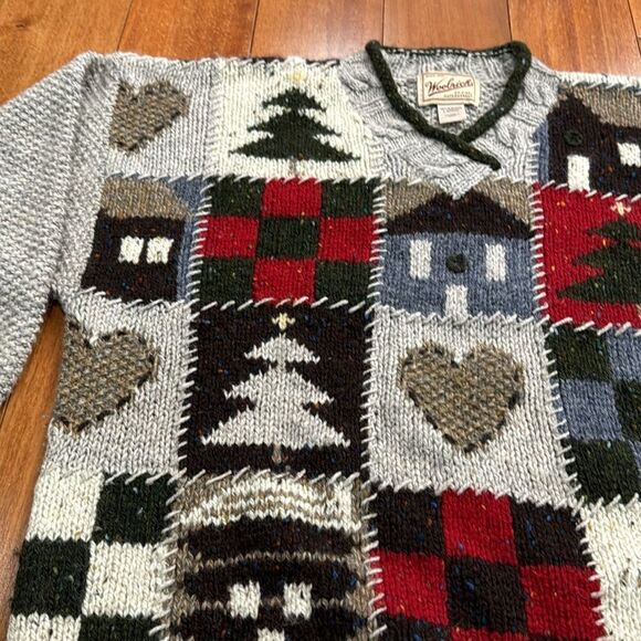 Woolrich Wool Sweater V-Neck Not Ugly Christmas Tree Heart Chunky Knit size L - Picture 4 of 10